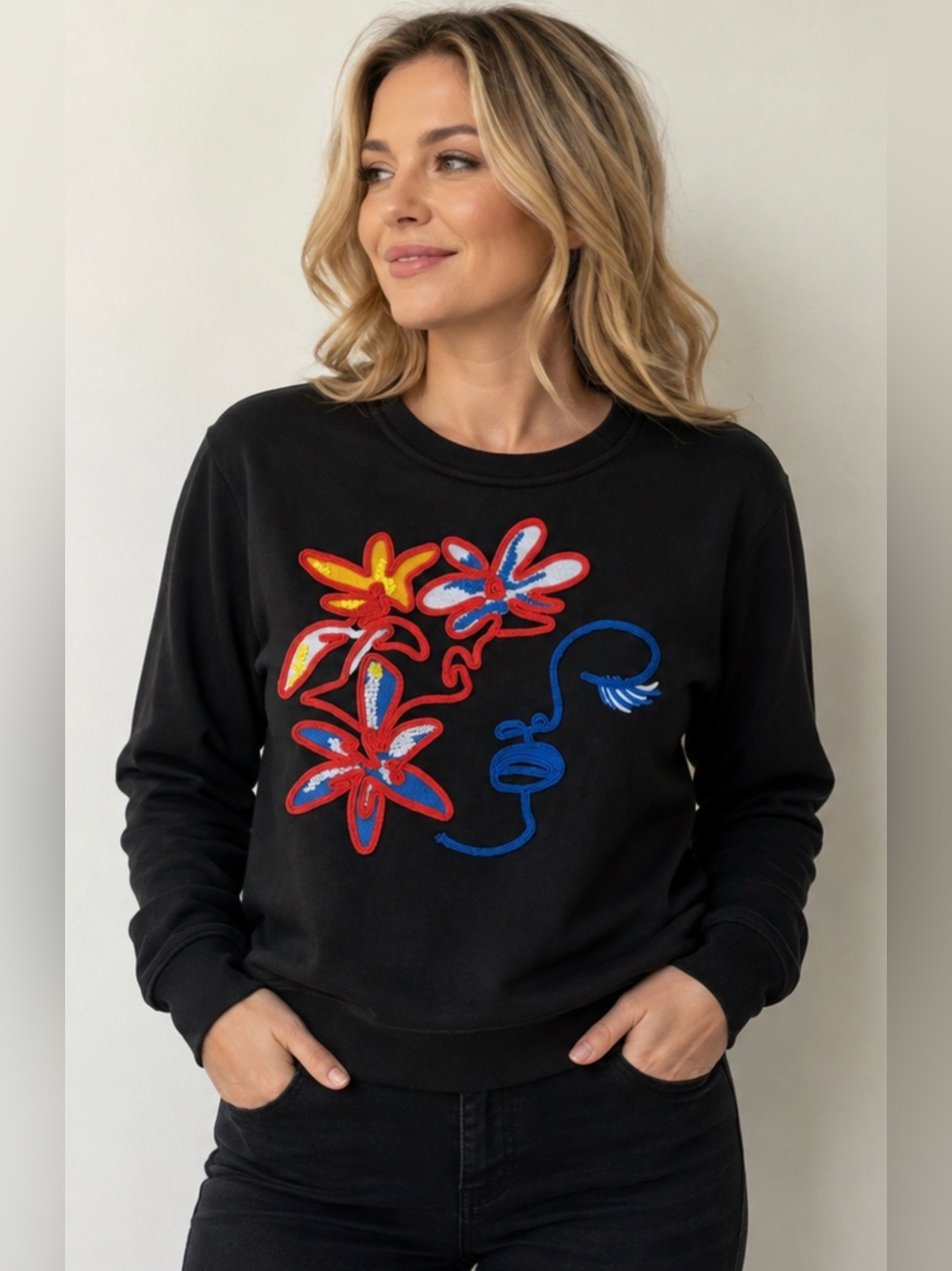 Desigual Women Black Embroidered Floral Face Sweatshirt XXL Fits L